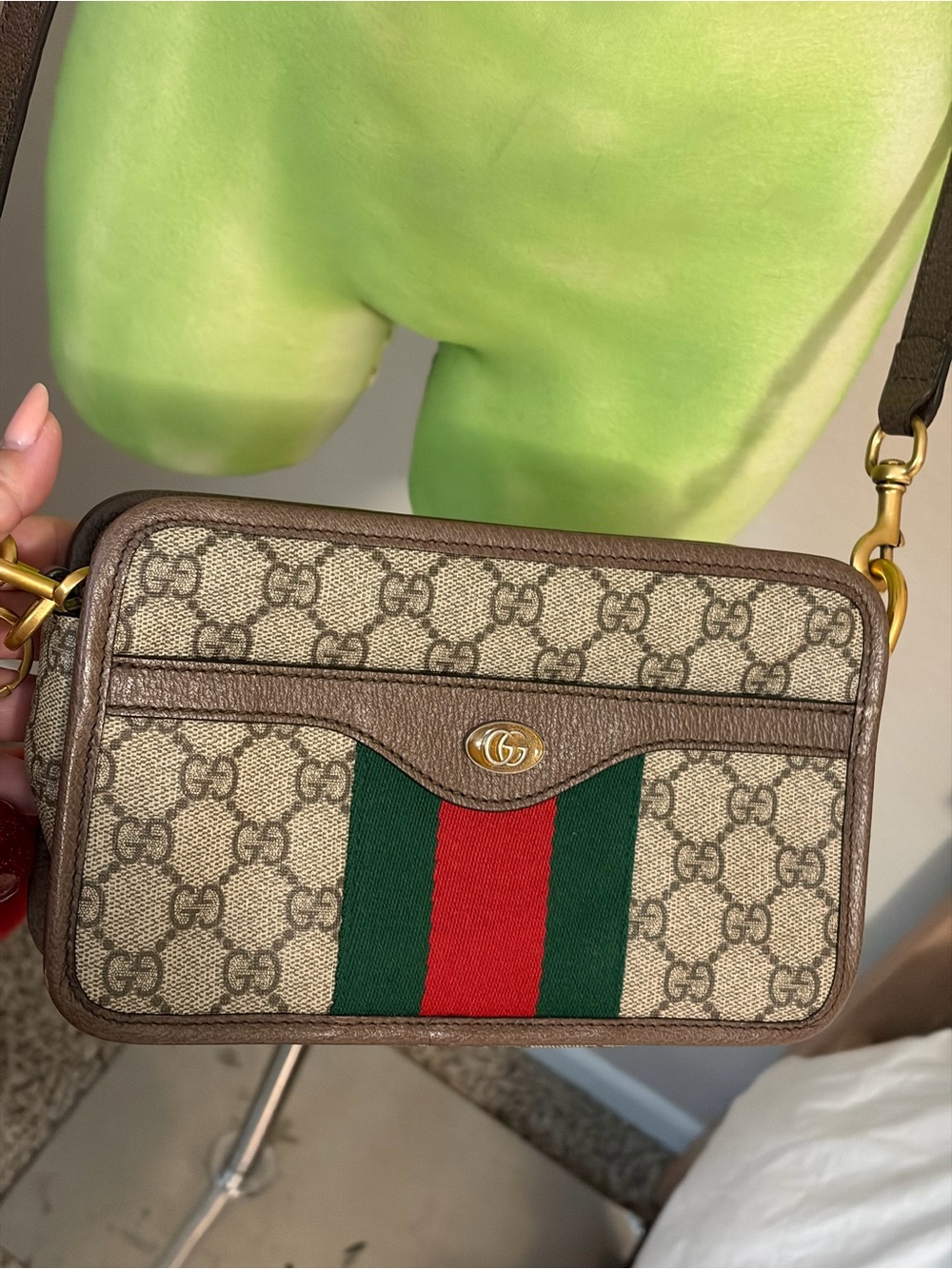 Gucci Beige GG Supreme Crossbody with Red & Green Web